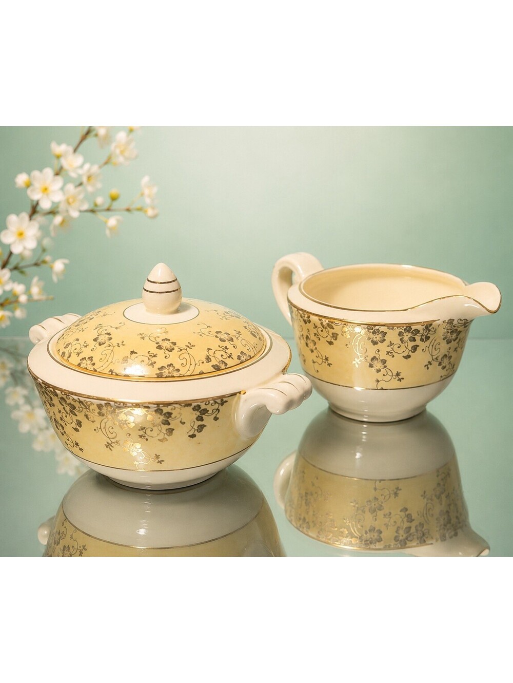 East End China Co 1900s Sugar Bowl & Creamer Gold Floral Chintz Buttercream